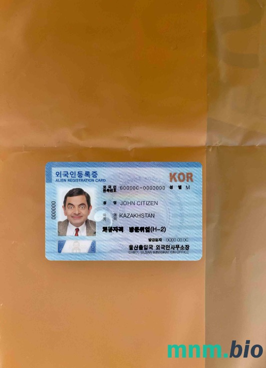 Korea Południowa karta rejestracji cudzoziemca (ARC) – szablon, wygląd fotograficzny, wygląd skanu + realistyczny obraz, 2 w 1